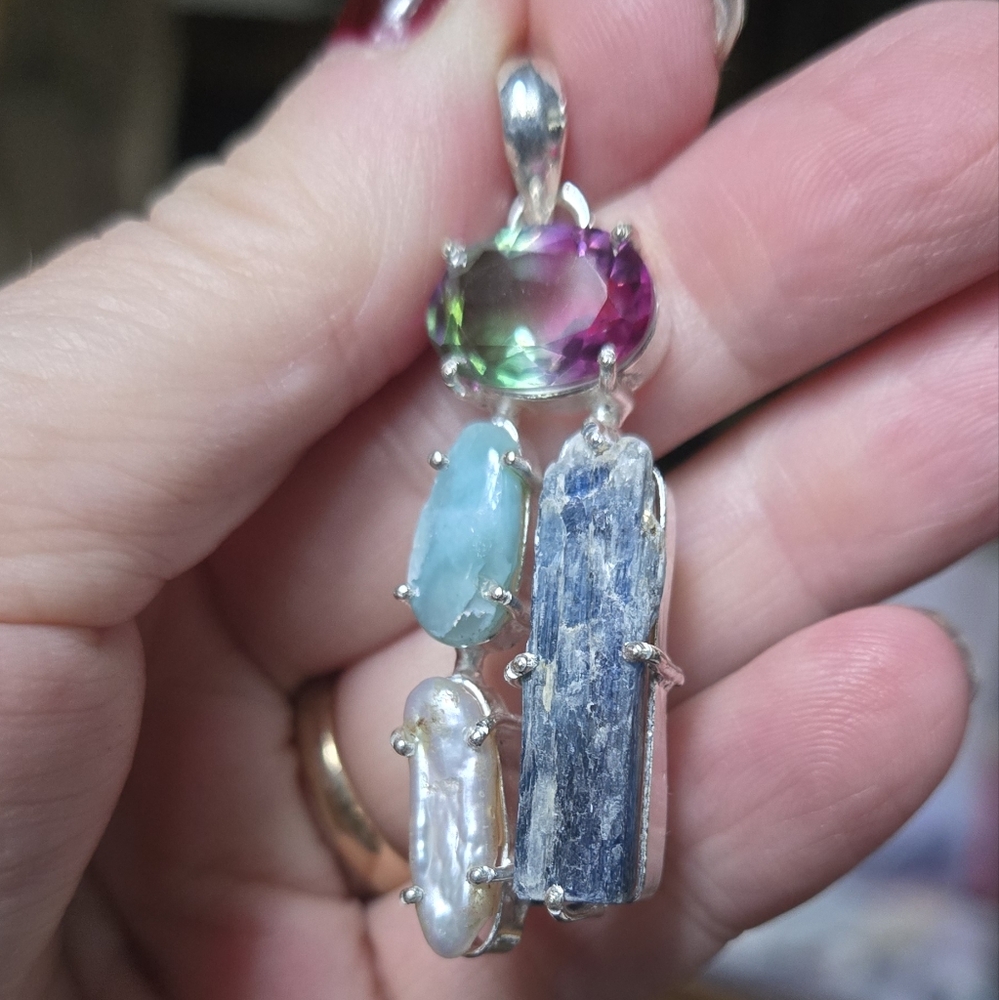 Watermelon tourmaline Larimar pearl & kyanite sterling pendant - Picture 5 of 7